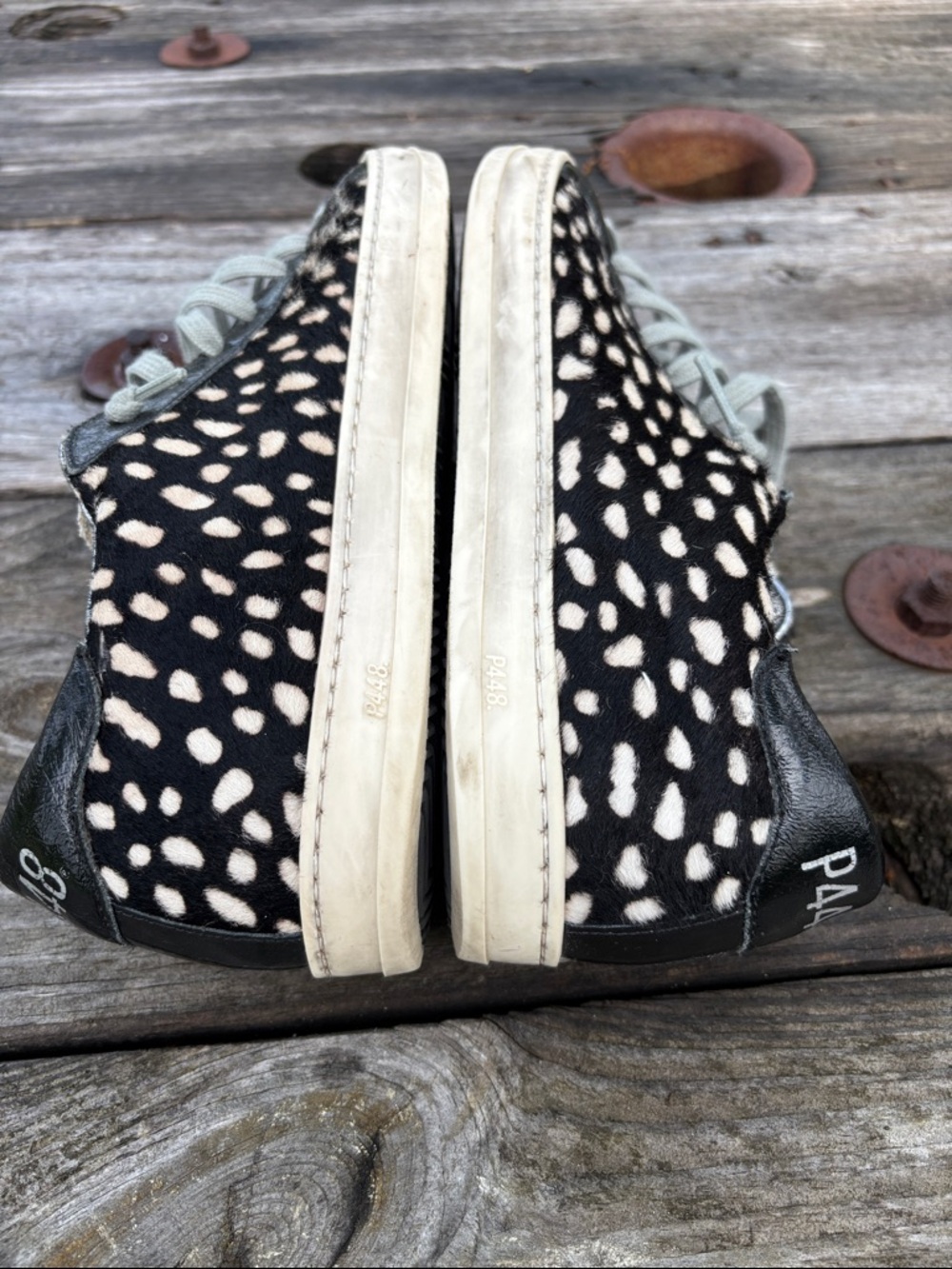 P448 Women’s Sz8.5/9 Unisex-John Sneakers Cowiena Calf Hair Black/Cream #318 - Picture 8 of 13